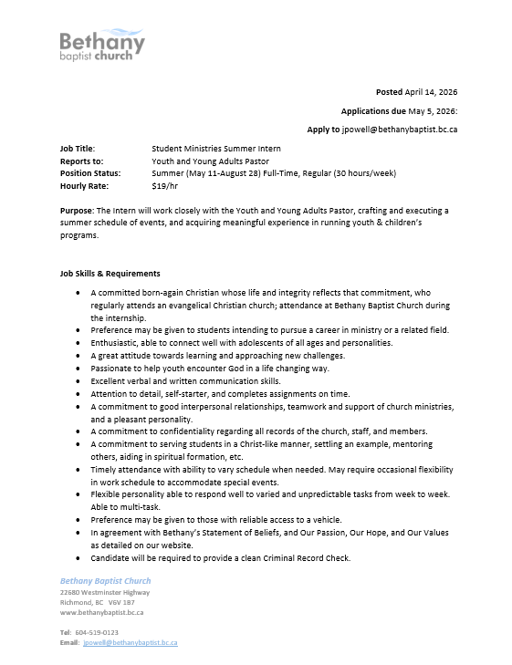 Preview of Student Ministries Summer Intern Job Description